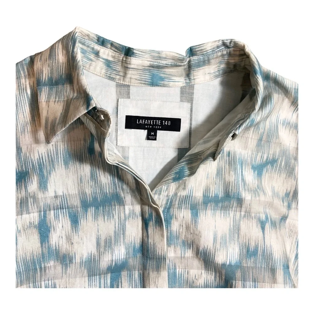 Lafayette 148 Brody Printed Cotton Blouse - Blue Steel - Picture 3 of 7
